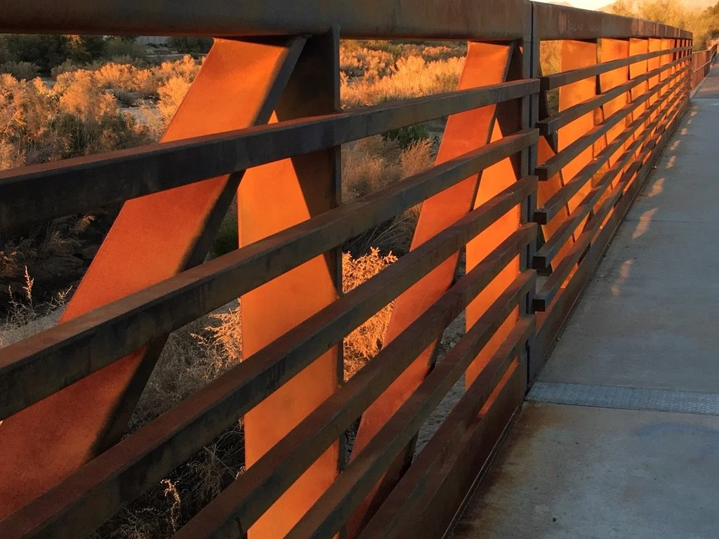 A rustic bridge sits in the foreground with desert flora behind
