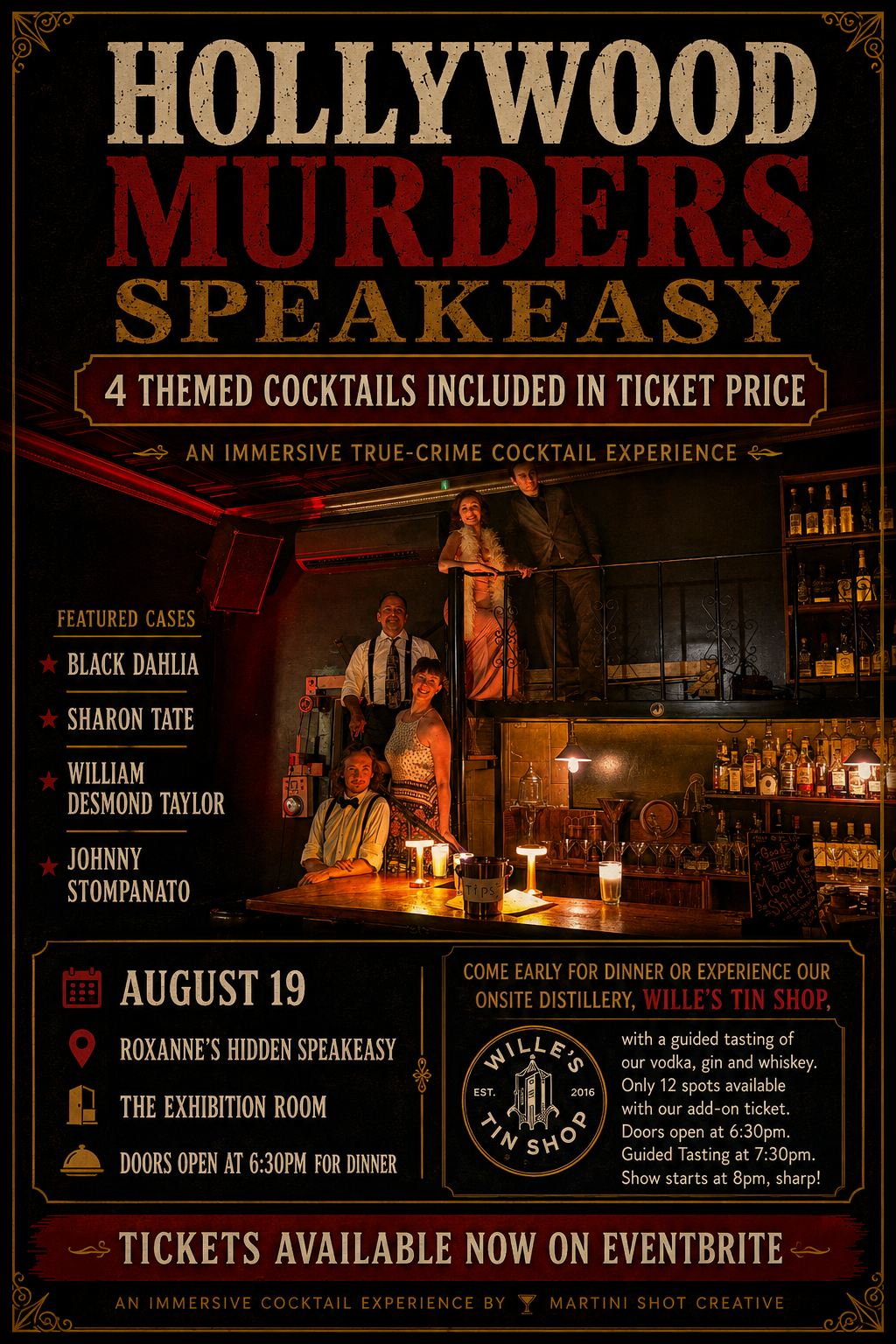 Poster for 'Hollywood Murders SpeakEasy' event featuring themed cocktails, on August 19 at Roxanne's Hidden Speakeasy with a guided vodka, gin, and whiskey tasting, scheduled at 6:30 pm, with a show starting at 8 pm.