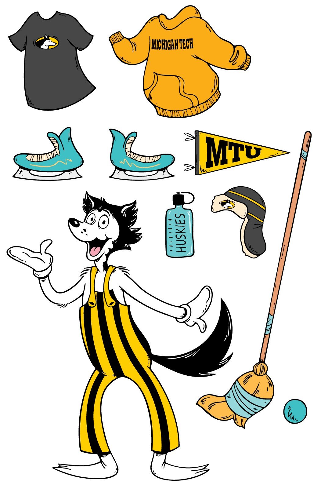 illustration of husky character with various props and articles of clothing