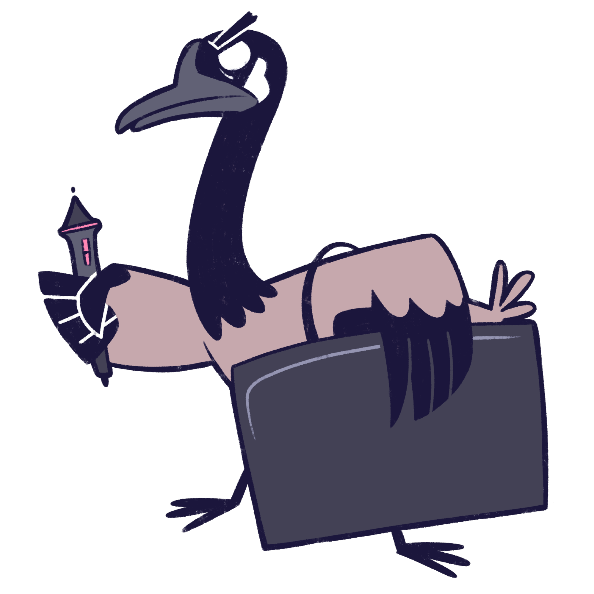 An illustration of a goose with a pen in one hand and a portfolio folder in the other hand