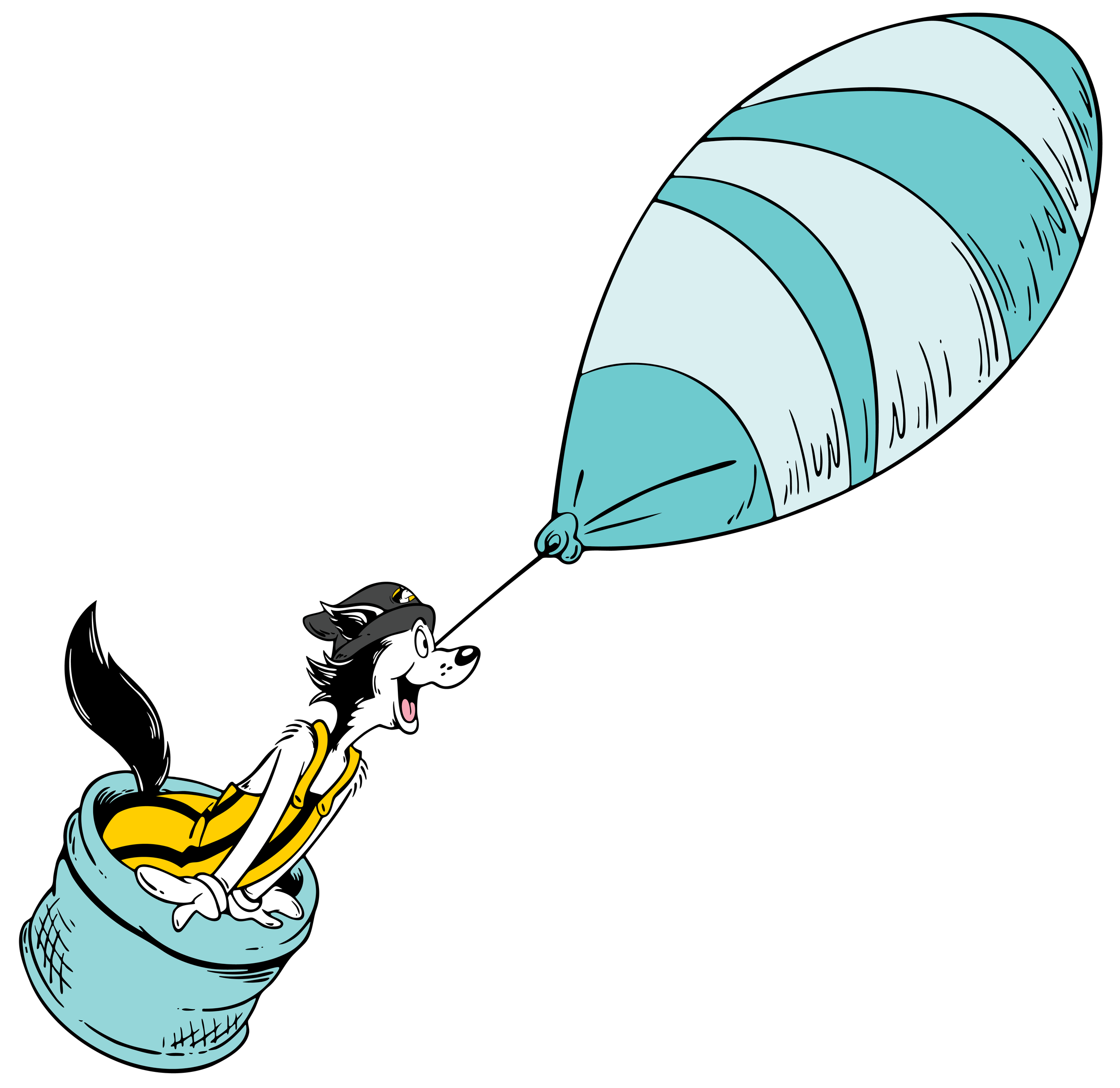 illustration of husky character in a hot air balloon