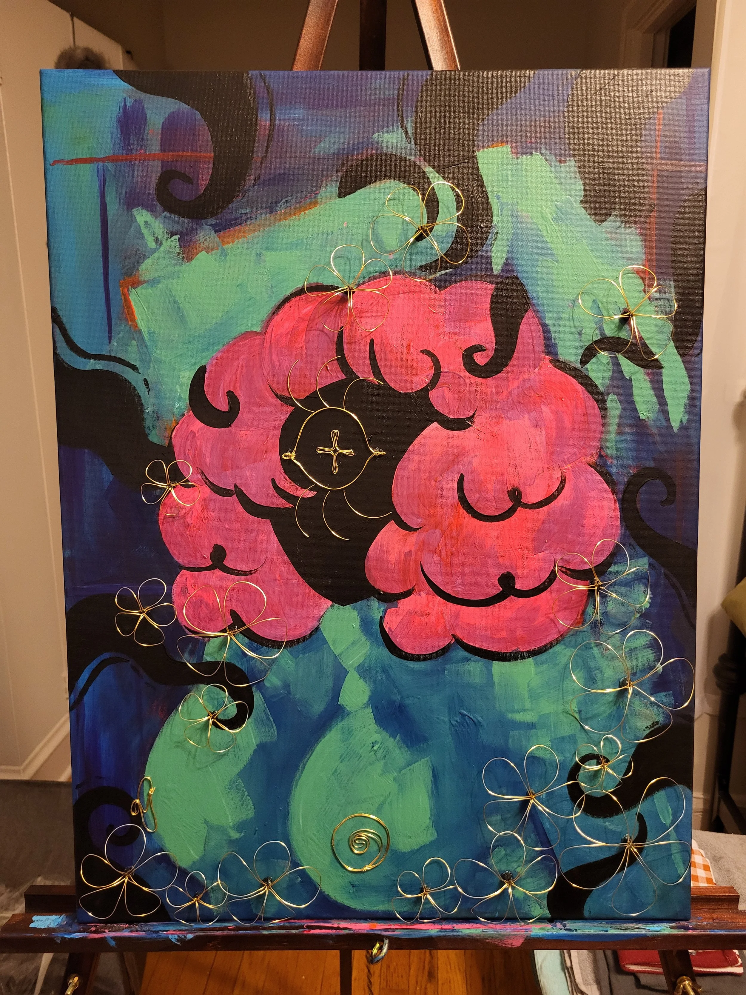 acrylic painting of abstract woman surrounded by wire flowers