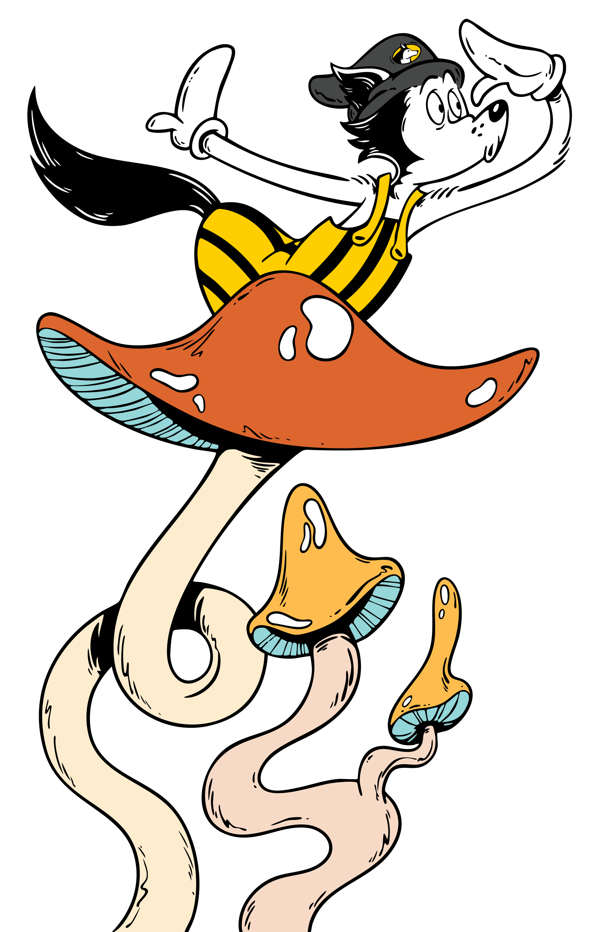 illustration of husky character sitting on top of a mushroom