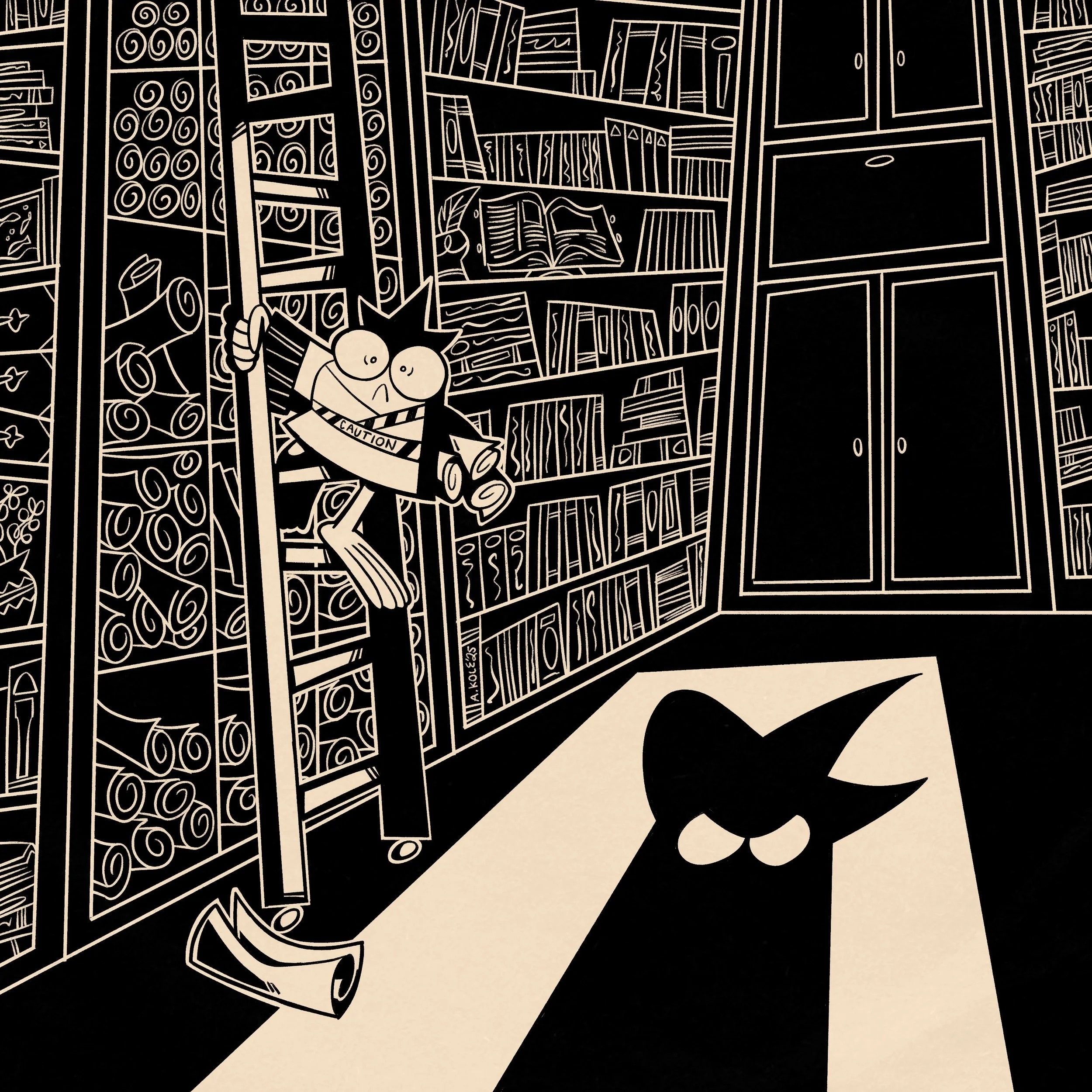 Day 05 Prompt: Deer "Like a deer in headlights, Polli freezes when Frogward catches him raiding the archives late at night"