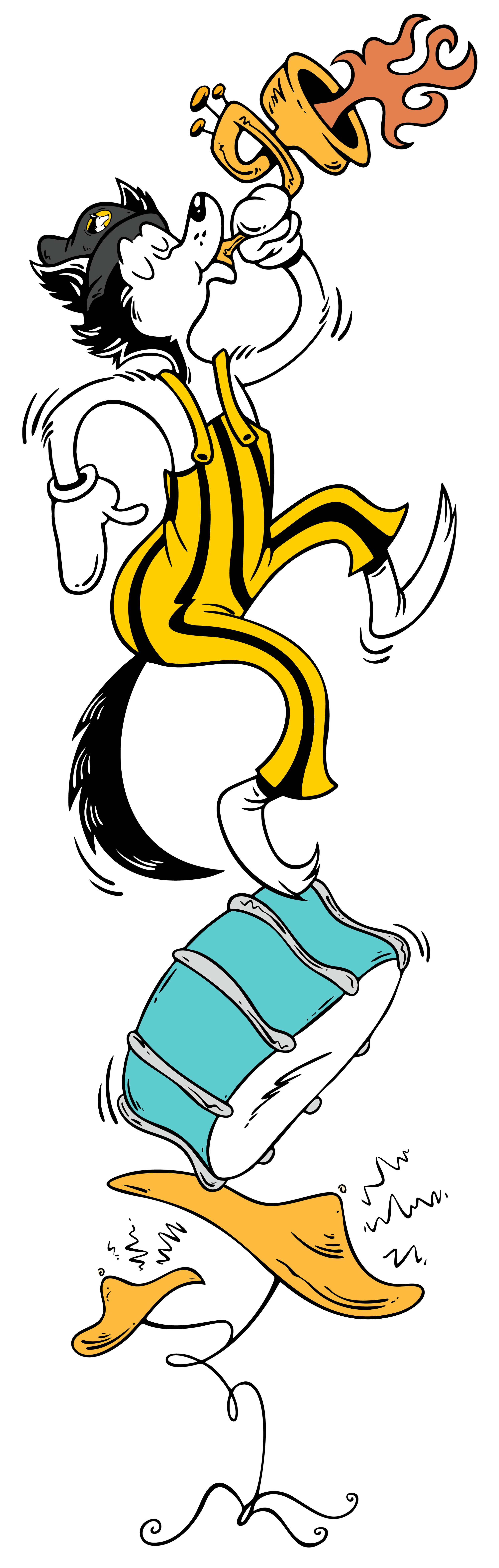 illustration of husky character balancing atop stack of band instruments