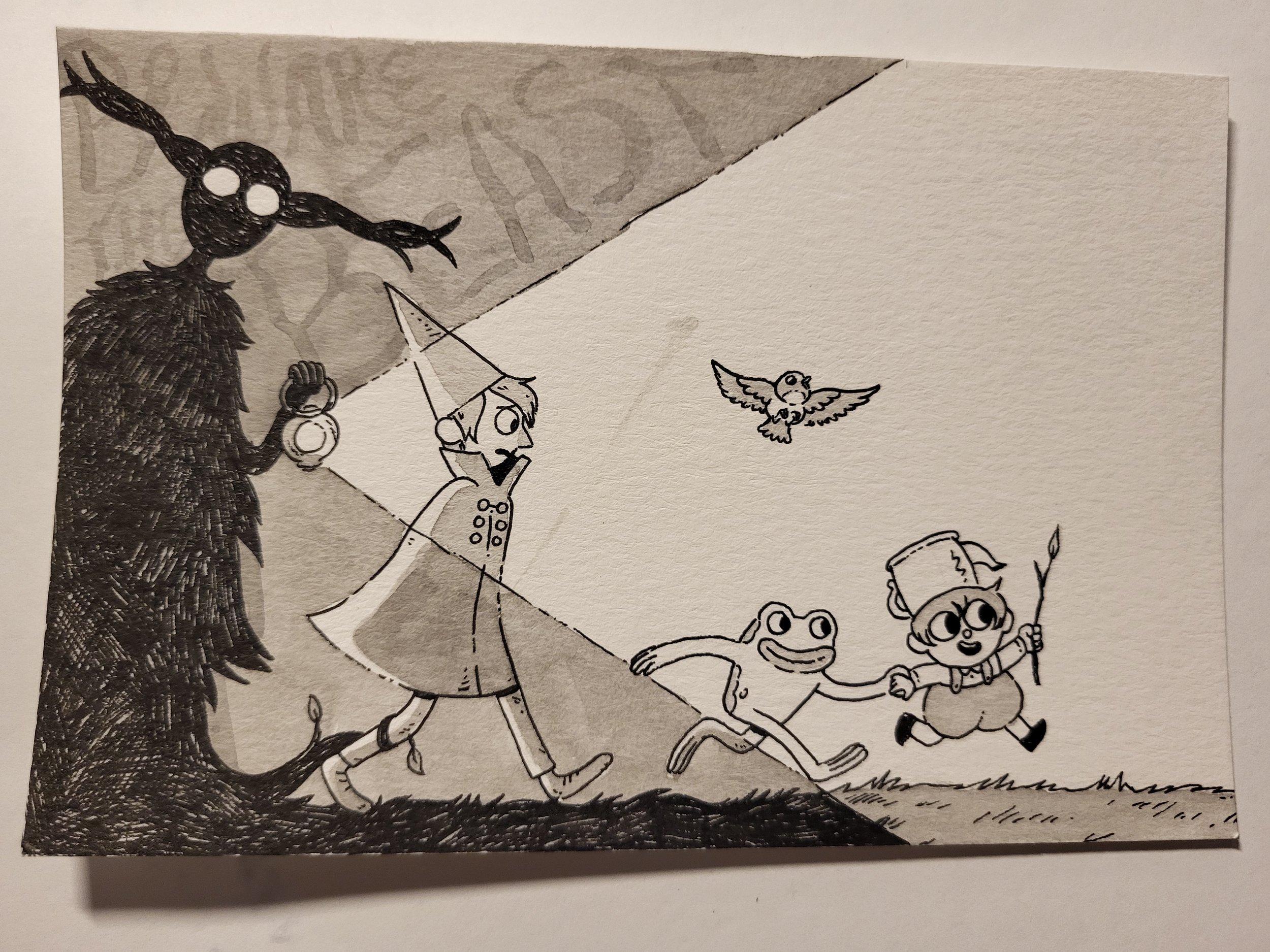 inked painting of Over the Garden Wall characters in woods with beast following