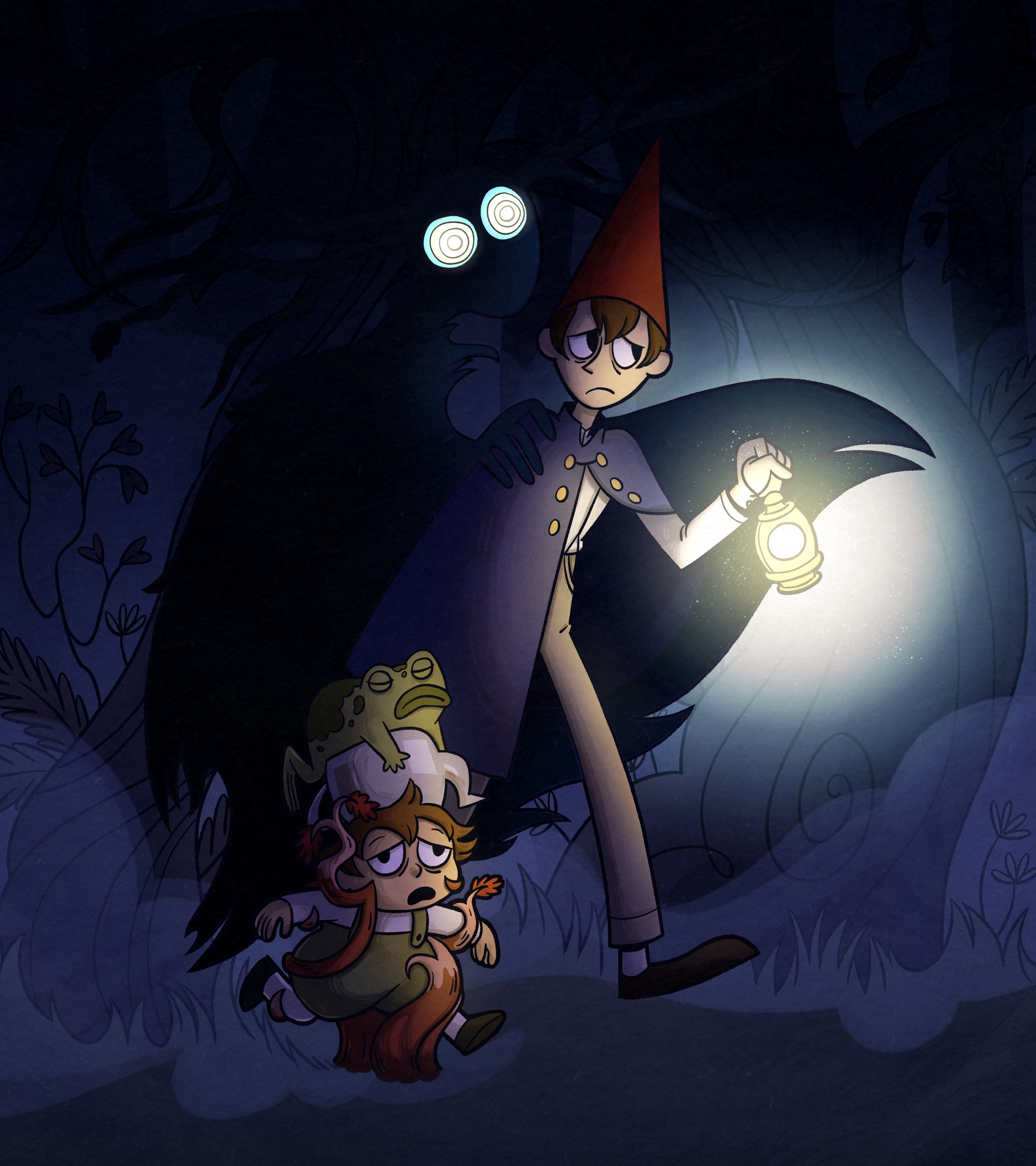 night time scene of boys walking in woods with the beast behind them