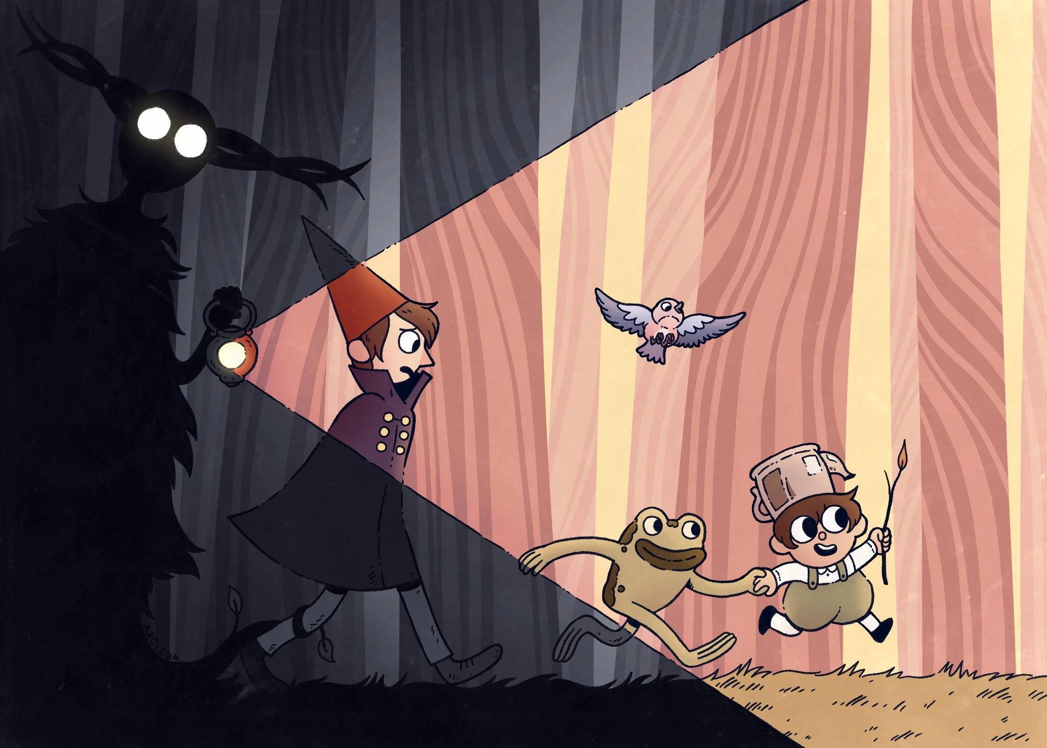 Characters from Over the Garden Wall walk through the woods