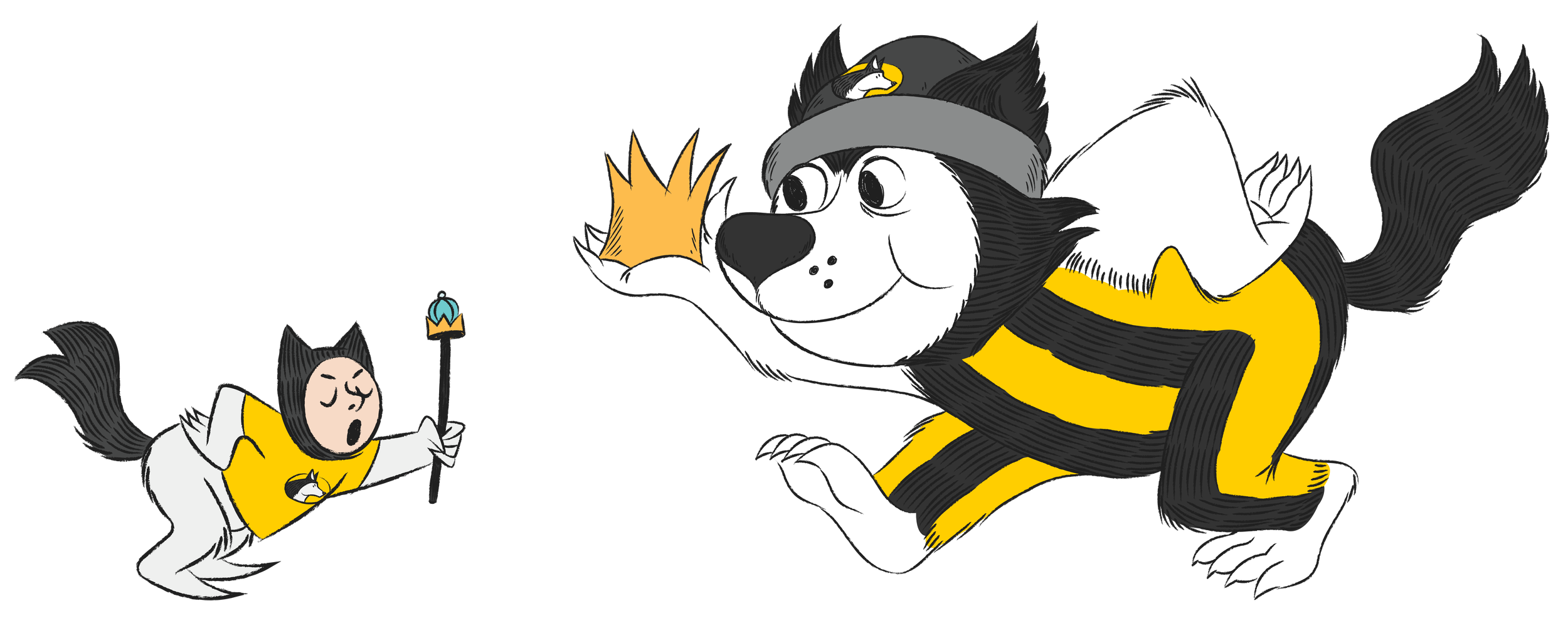 illustration of husky character presenting a crown to a boy in a husky onesie