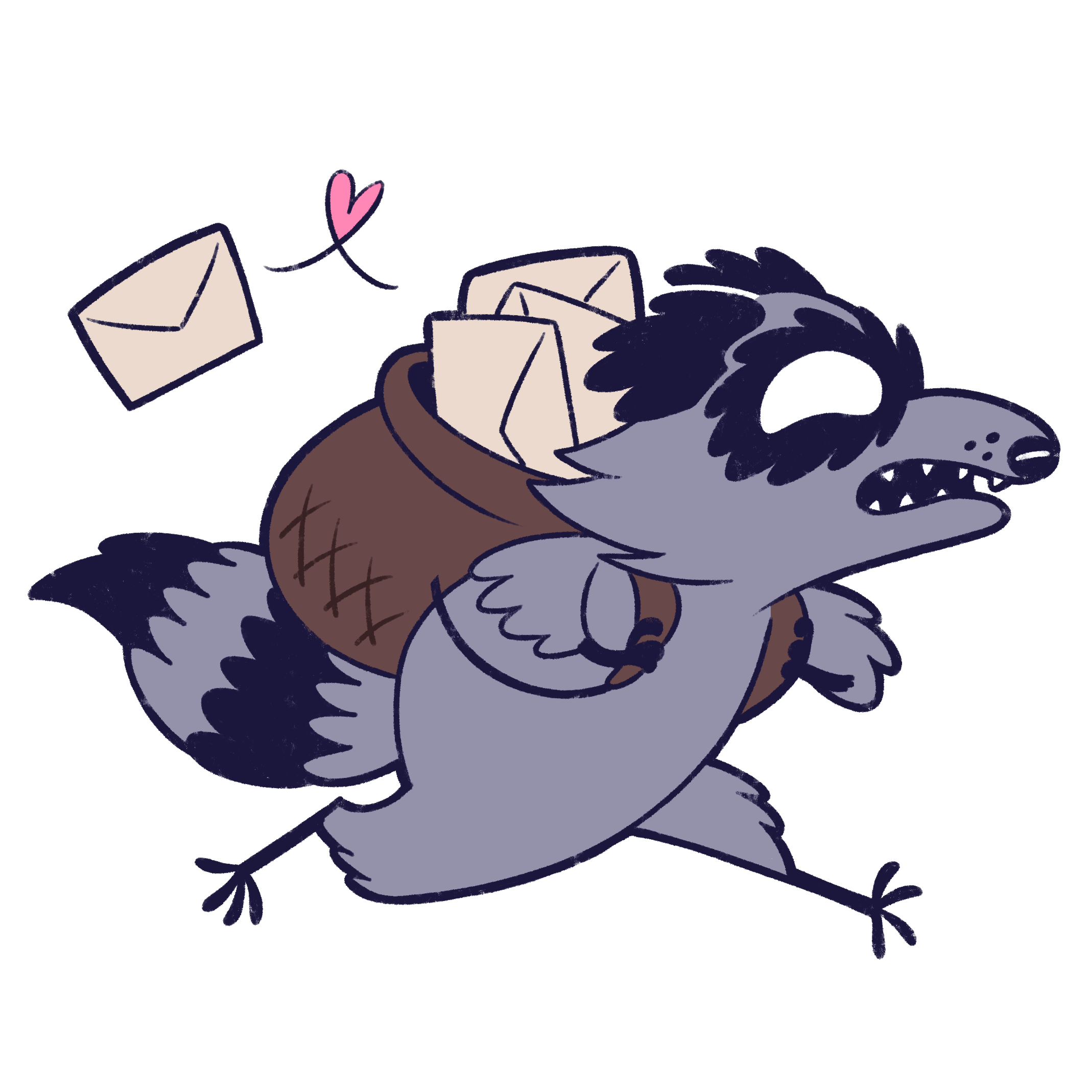 An illustration of a raccoon with a basket full of letters on its back