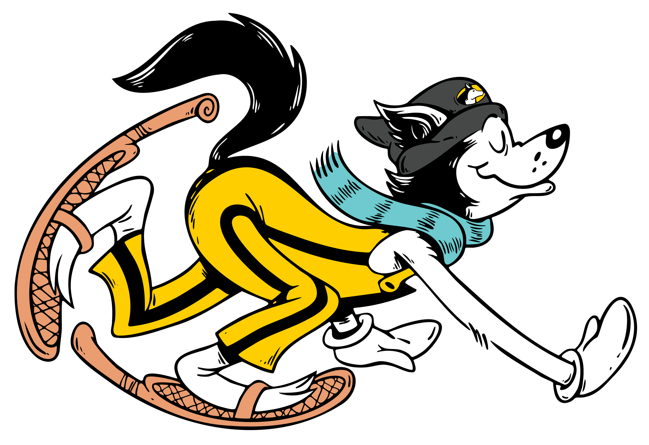 illustration of husky character in snow shoes