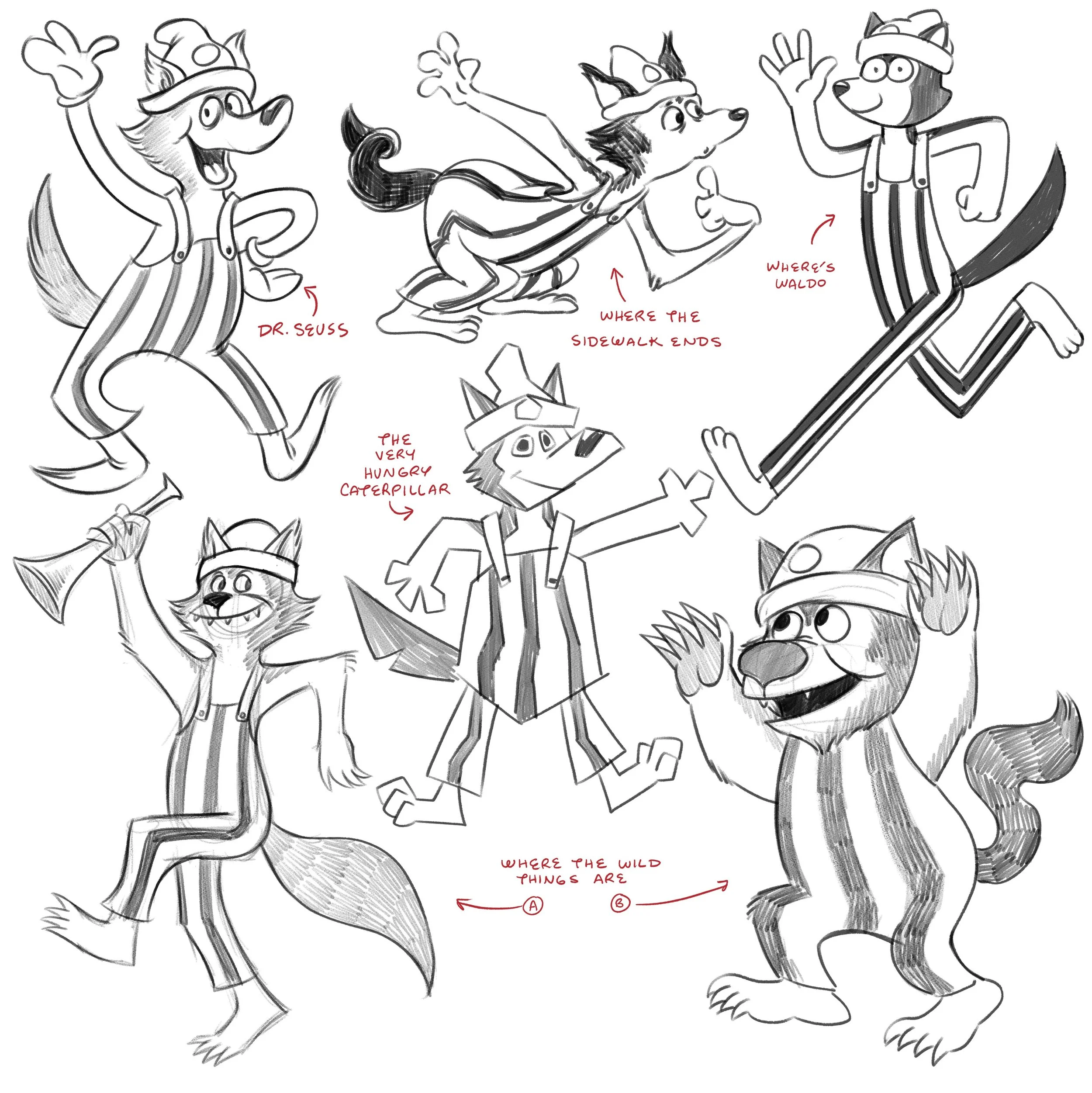 sketches of husky character in different styles