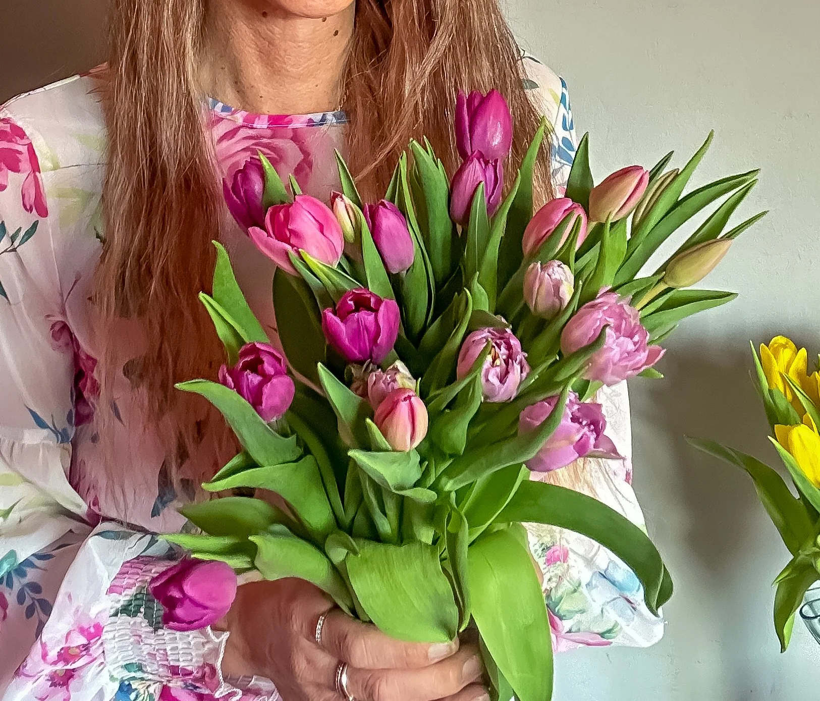 Person holding a bouquet of pink tulips with yellow tulips visible to the side.