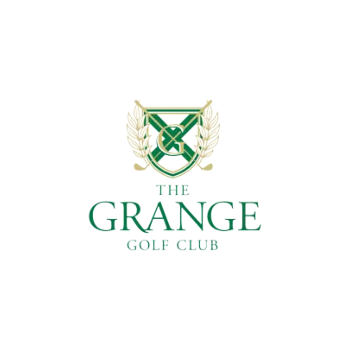 Logo of The Grange Golf Club featuring a green and gold crest with crossed golf clubs and laurel leaves.