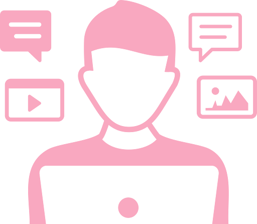 Icon of a person using a laptop with speech bubbles and media icons around them.