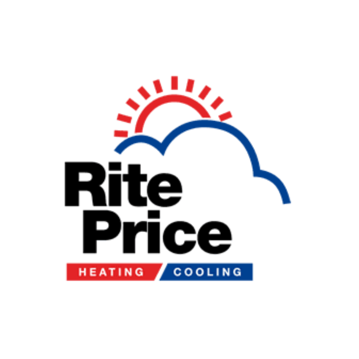 Logo for Rite Price Heating and Cooling featuring a sun, blue mountain outline, and bold black text.