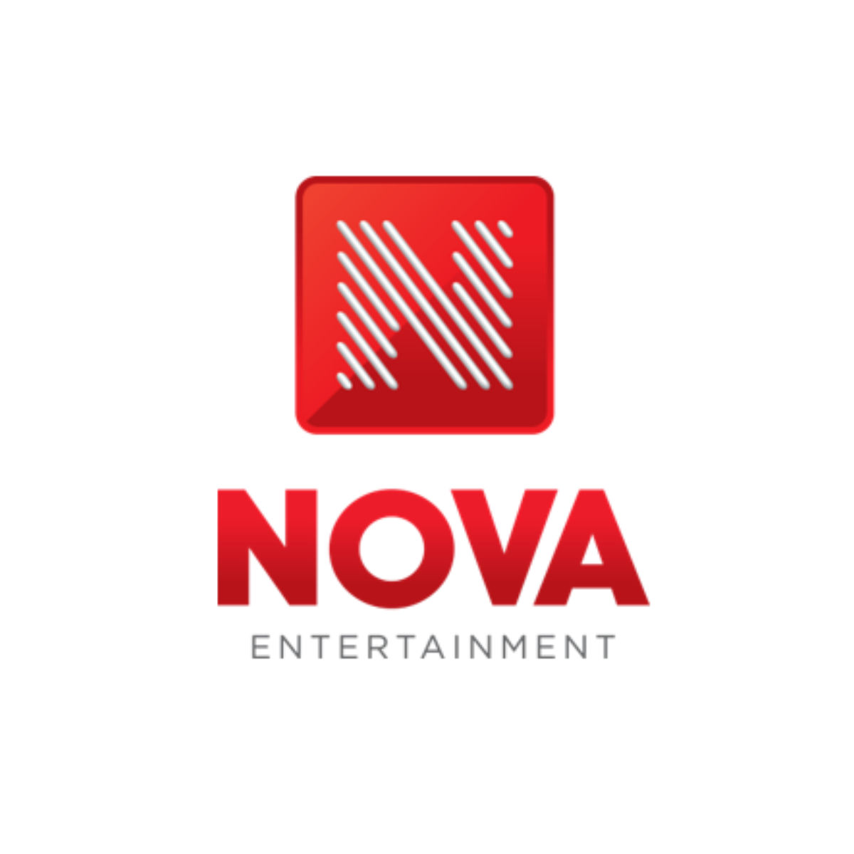 The logo of Nova Entertainment featuring a red square with white diagonal lines and the words 'NOVA ENTERTAINMENT' in bold red and black text