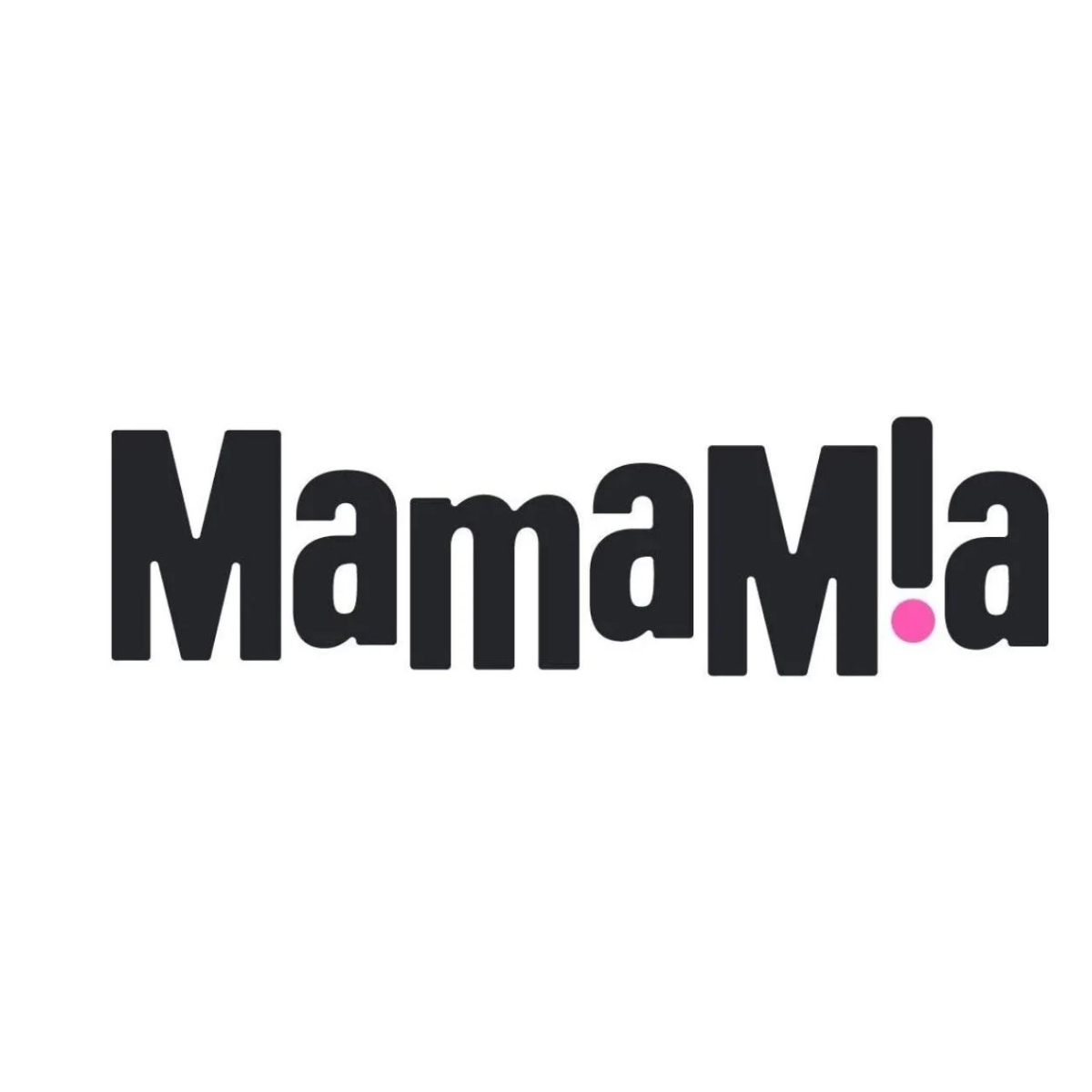 Logo with the text "MamaMa" in bold black letters, with a pink exclamation mark and pink dot, on a white background.