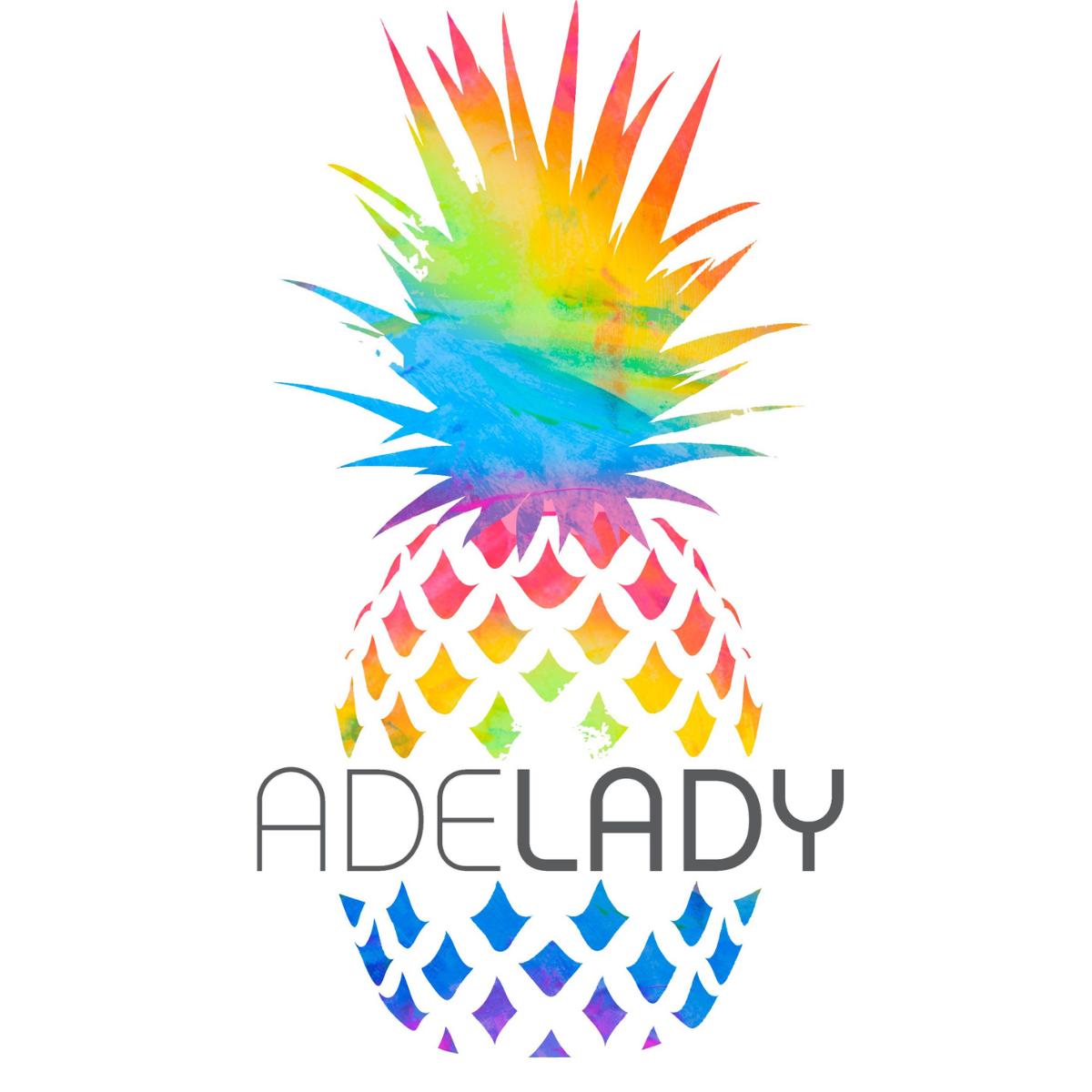 Colorful watercolor-style illustration of a pineapple with the word "ADELADY" in stylized font below.