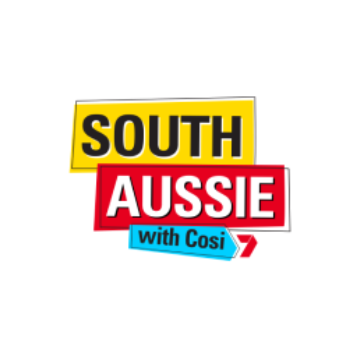 Colorful logo for 'South Aussie with Cosi' featuring yellow, red, and blue geometric shapes with bold black, white, and blue text.