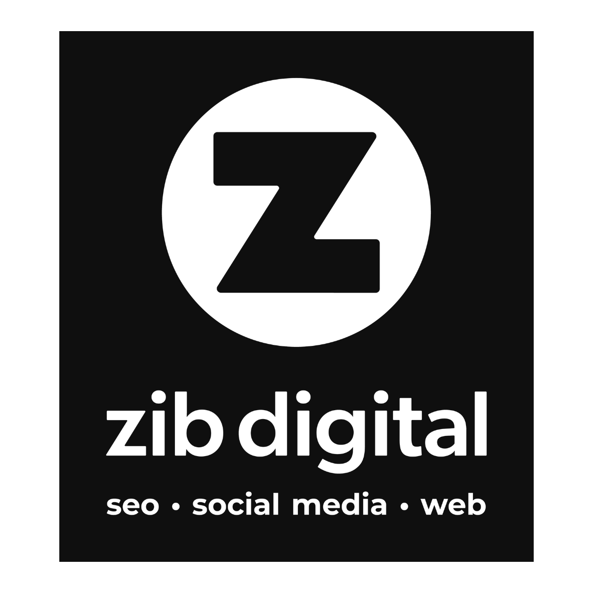 Black and white logo with a circle containing a letter Z and lightning bolt, text reads "zib digital" and below it says "seo, social media, web".