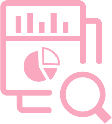 Pink icon of a business analytics dashboard with bar graphs, pie chart, and magnifying glass.