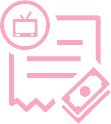A pink icon of a television inside a speech bubble, with lines of text and a dollar bill icon below.