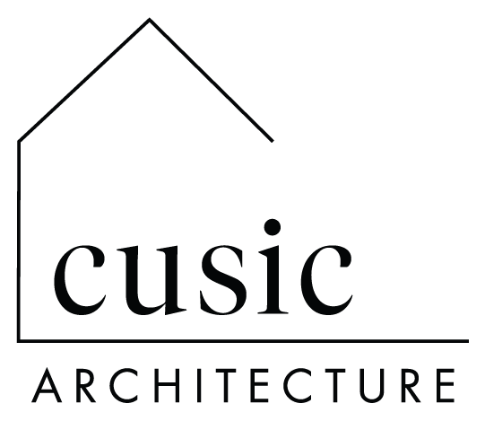 Logo of Cusic Architecture featuring a simple outlined house shape above the company's name.