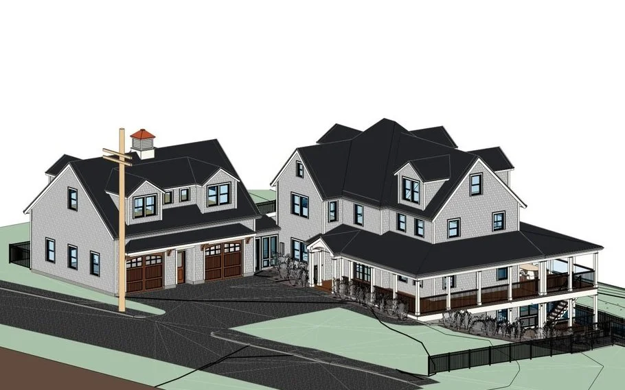 A digital rendering of a large, two-story white house with a covered wrap-around porch, black roof, multiple gables, and a detached garage or building with tall garage doors, surrounded by a black fence and situated on a sloped lot.