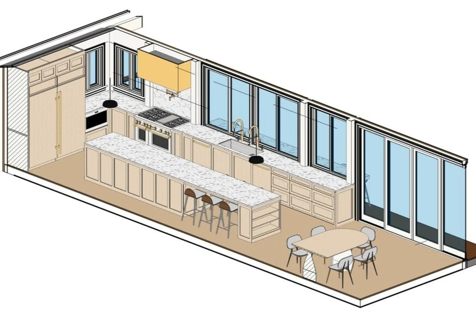A modern kitchen with beige cabinets, granite countertops, and large windows. Includes a central island with bar stools, a dining table with chairs, and a sliding glass door leading outside.