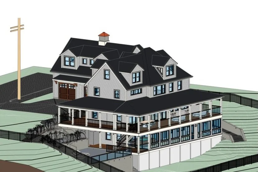 Digital rendering of a large, multi-story house with a wraparound porch, multiple gabled roofs, large windows, and a garage, situated on a sloped lot with fencing and landscaping.
