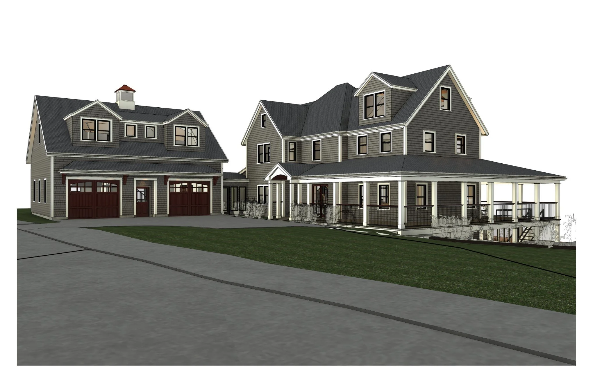 Digital rendering of a two-story house with gray siding, a wrap-around porch, and a three-car garage, set against a white background.