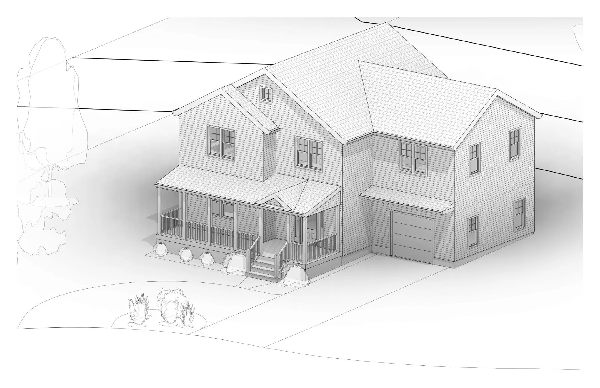 A grayscale architectural drawing of a two-story house with a front porch, gabled roof, and attached garage, surrounded by landscaped yard with bushes and trees.