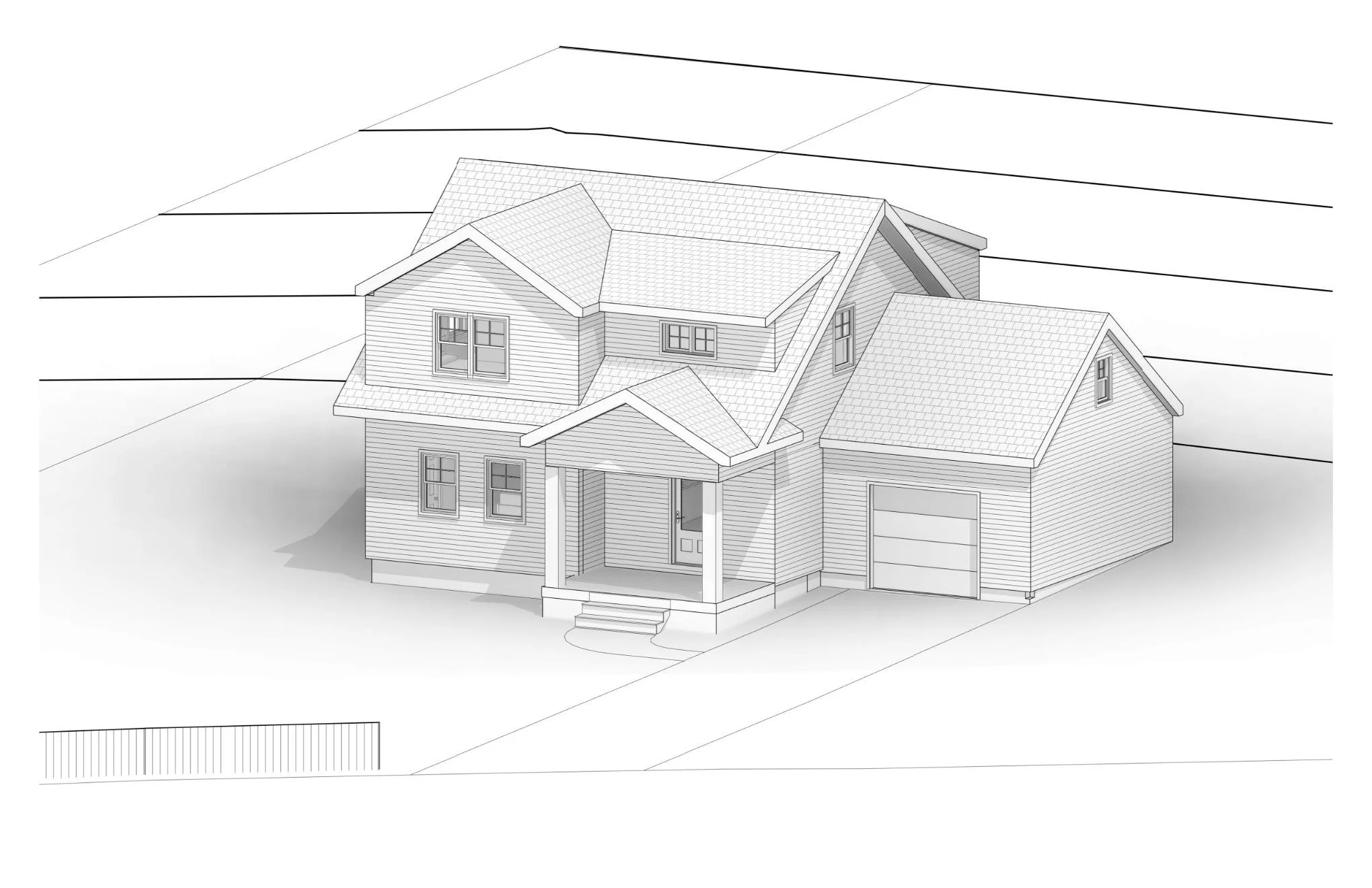 Architectural sketch of a two-story house with a porch, front steps, and an attached garage, shown in black and white outline.