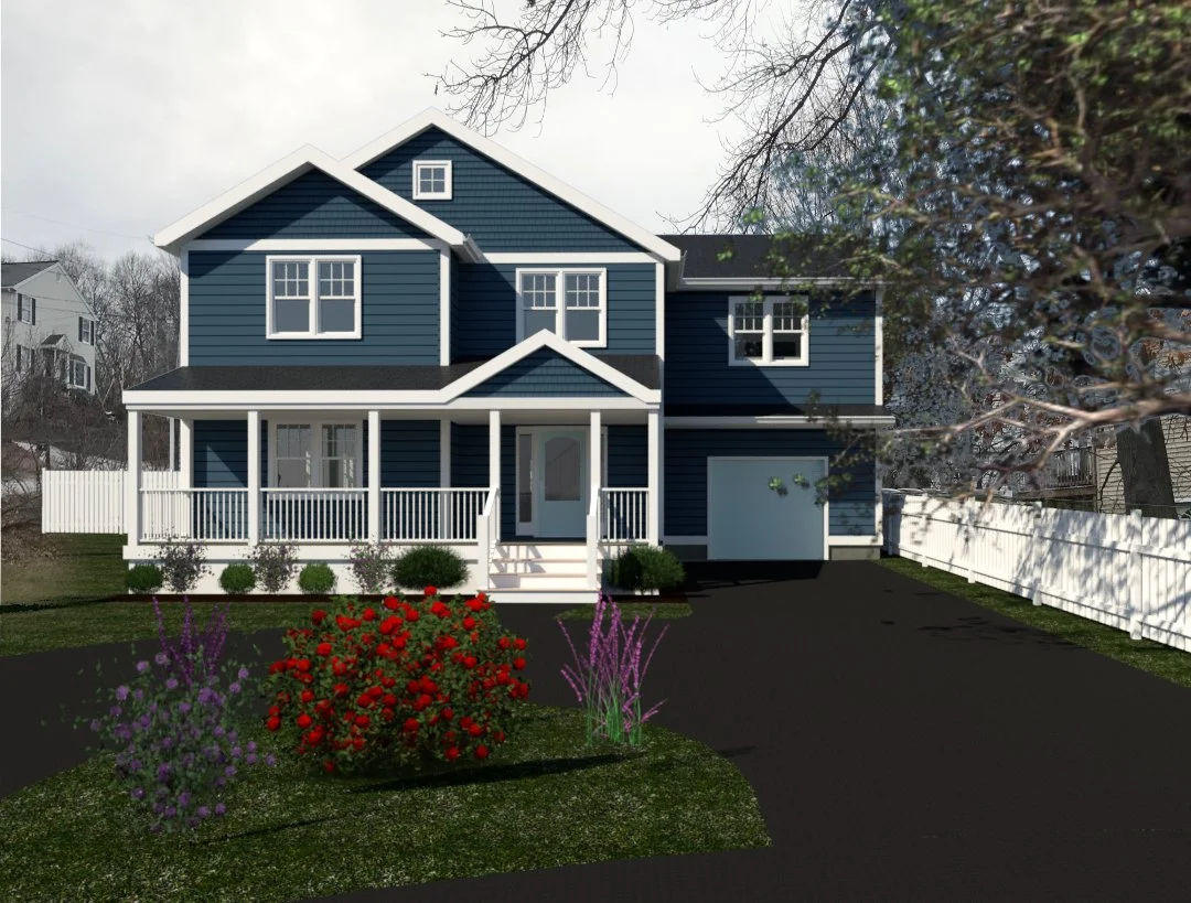 A two-story blue house with white trim, a front porch, and a black driveway, surrounded by a white fence and landscaped garden with red, purple, and green plants.