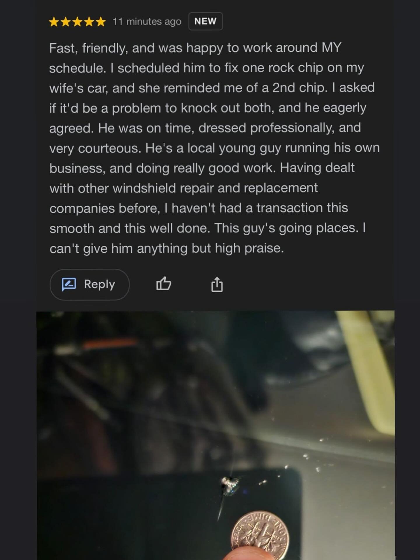 5 star service you can trust! 🌟 🤝 
-
-
-
On The Go Windshield Repair! 
#rockchiprepair #autoglass #mobileservice #rockchip #sandiego #5star