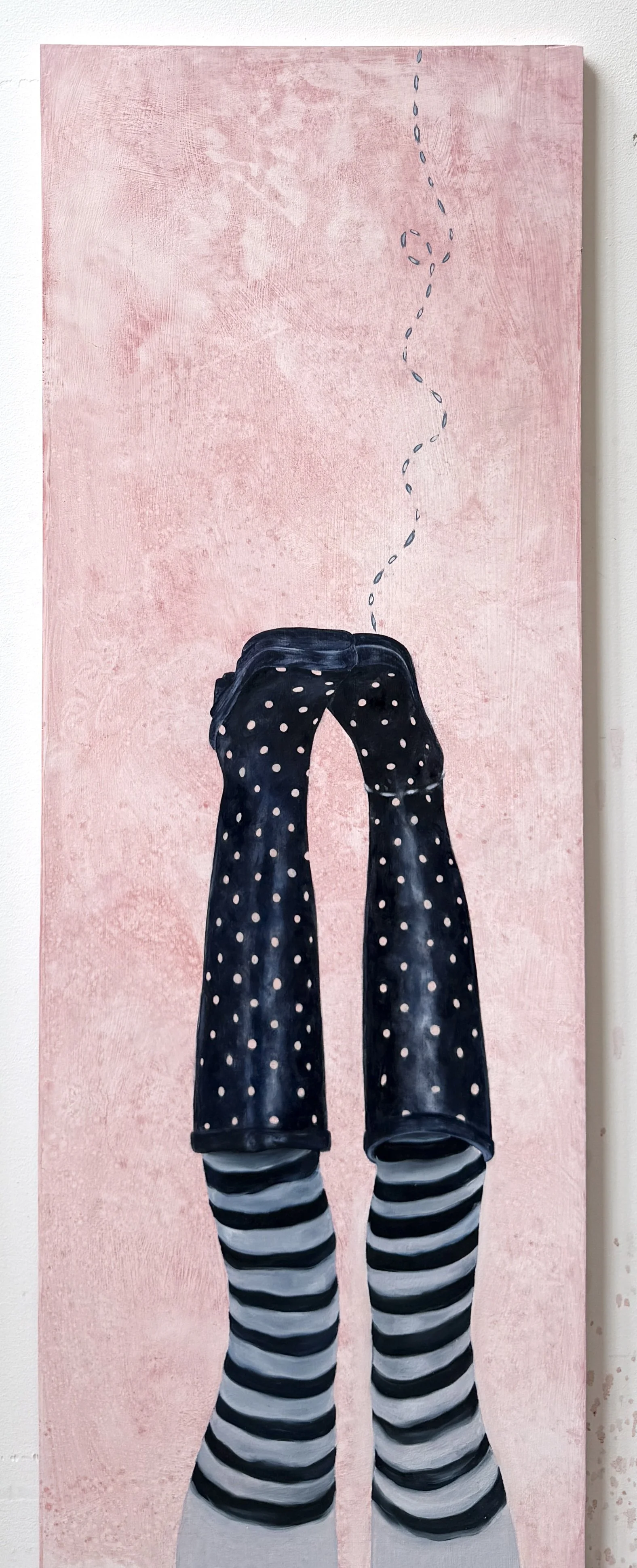 "Cut and Glue and Hold and Fix" / Oil + Bubbles on Scrap Wood / 48" X 17" / 2026