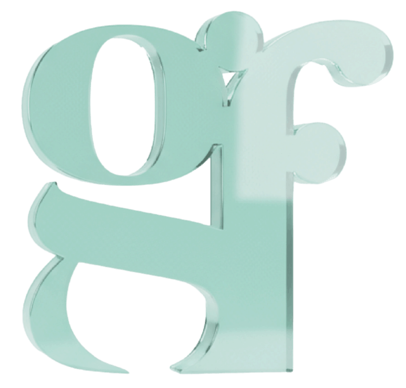 Glass effect initials of GF for GlassFrog - with a decorative design.