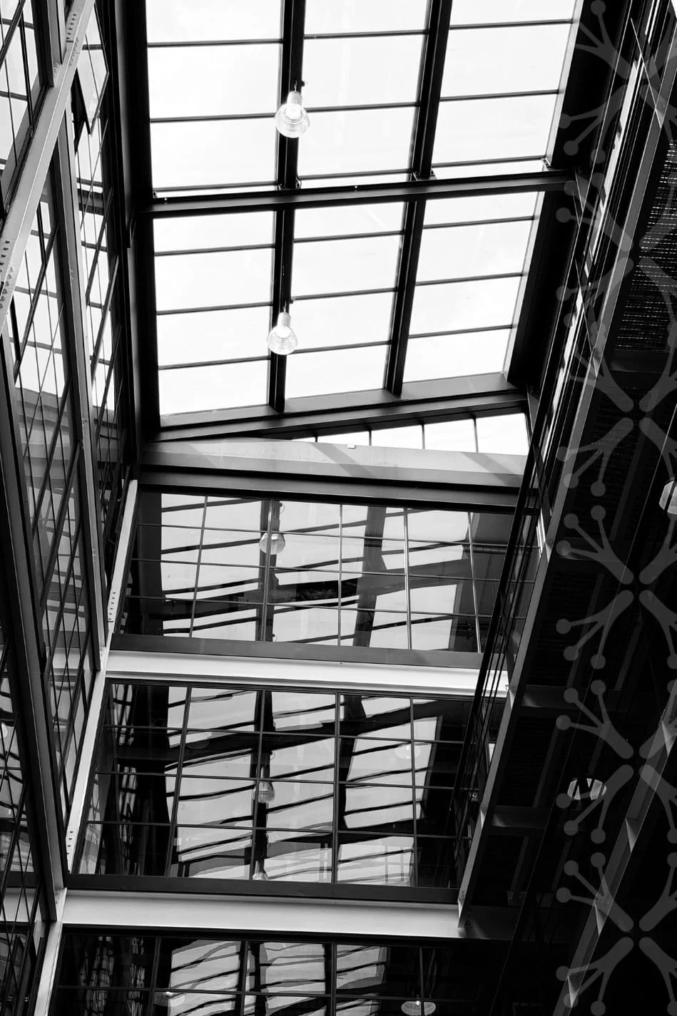 View of a modern building's glass ceiling and interior through multiple glass windows and levels, with hanging lights.