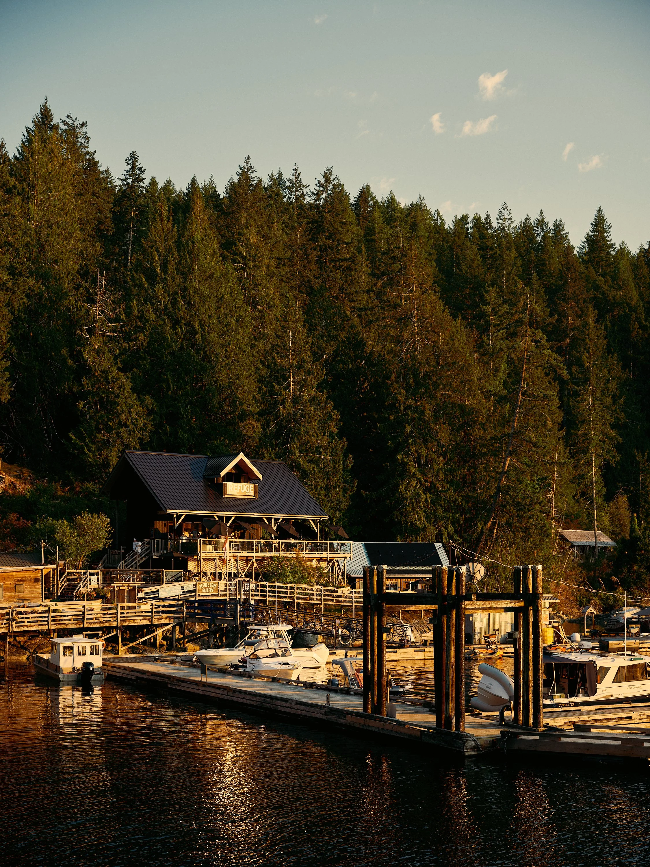 A marina with several boats docked, a wooden building with a sign that reads 'Refuge', a hillside covered with dense trees, and a clear sky with a few clouds.