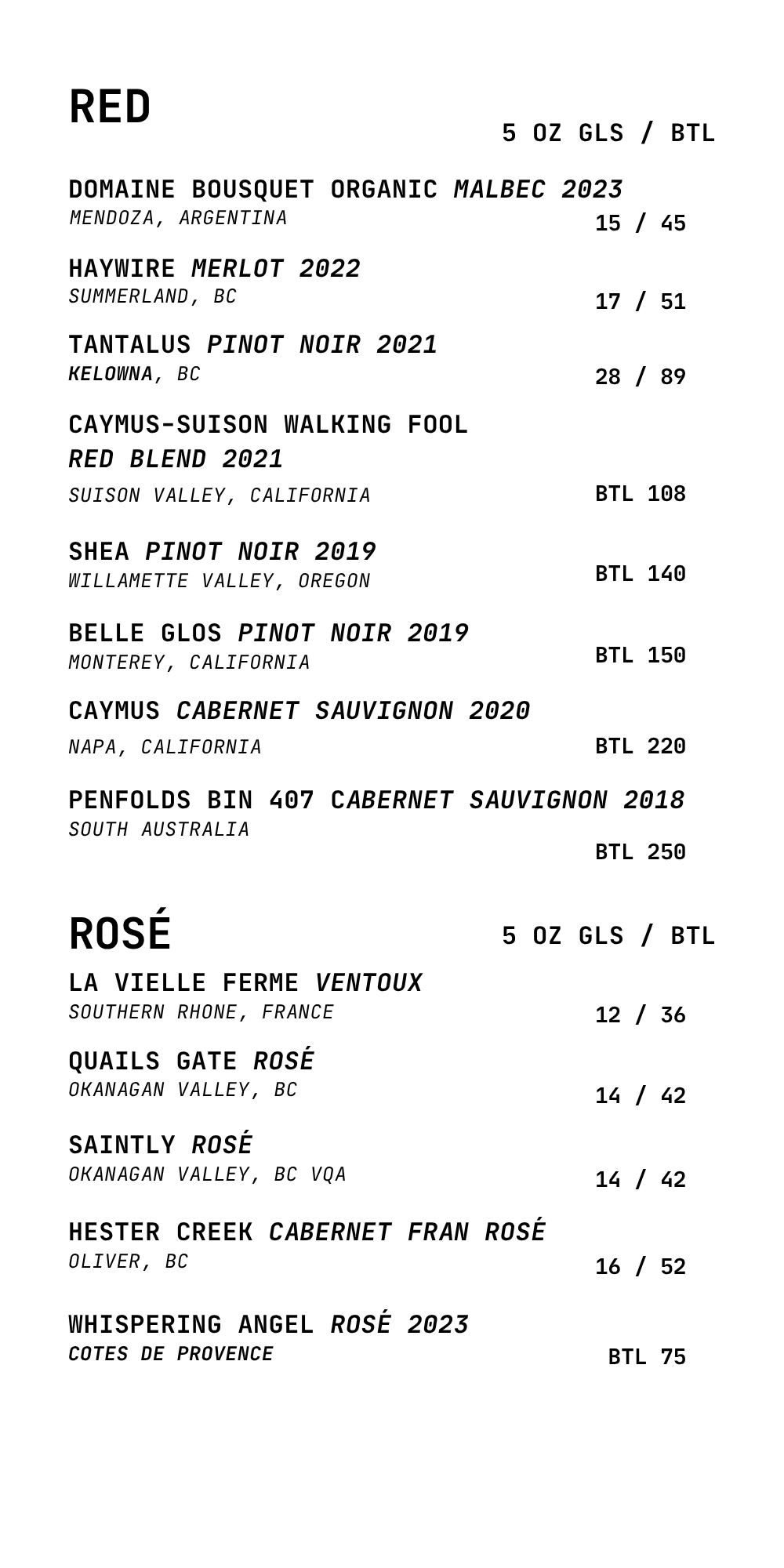 Wine menu listing red and rosé wines with names, origins, vintages, and prices.