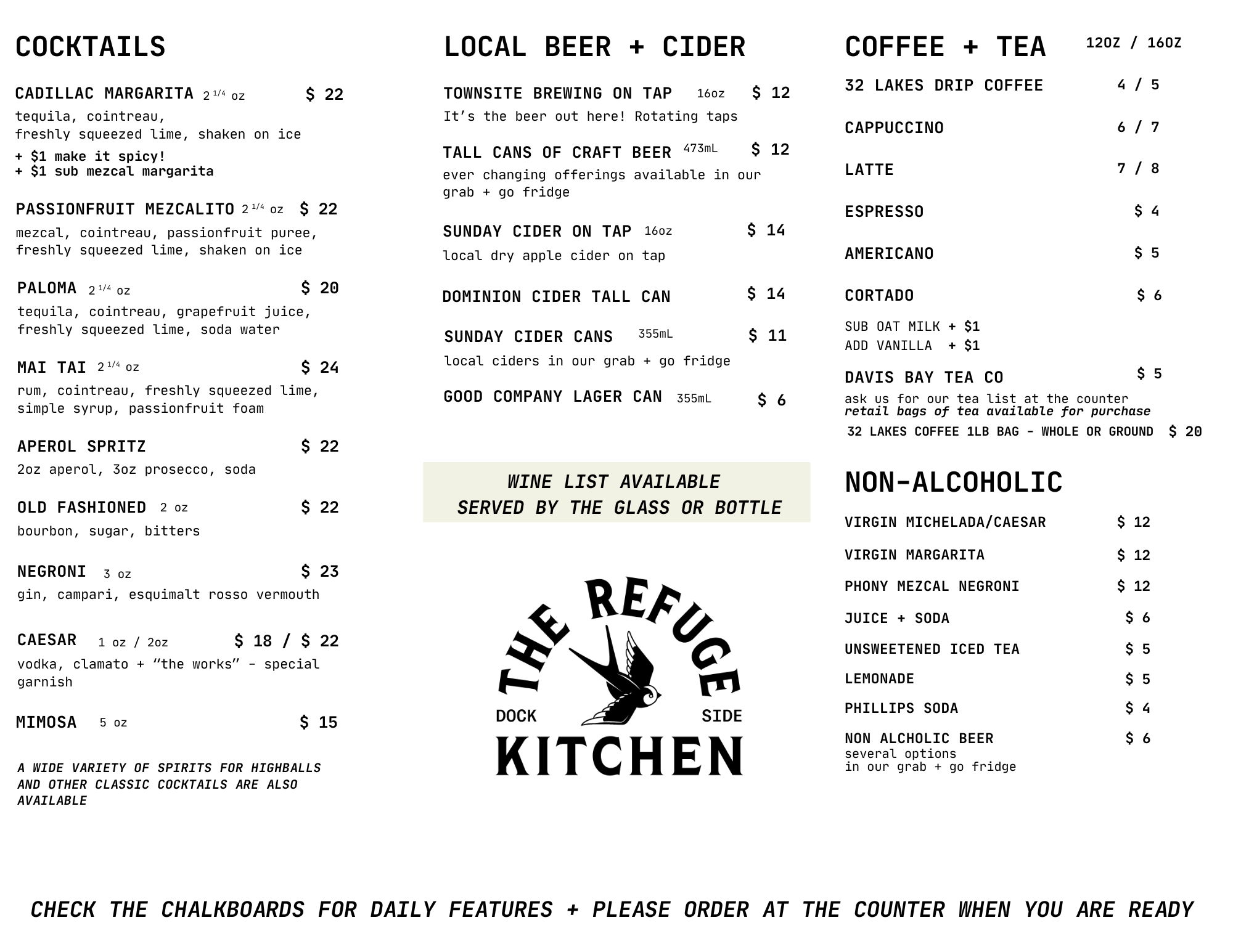 A black and white menu featuring cocktails, local beer and cider, and coffee and tea options. The menu includes drink names, descriptions, and prices.