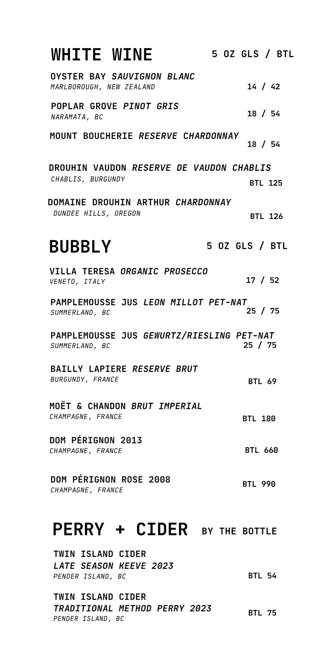 A wine menu divided into sections for white wines, bubbly, and cider, listing various local and imported wines with their prices and origins.