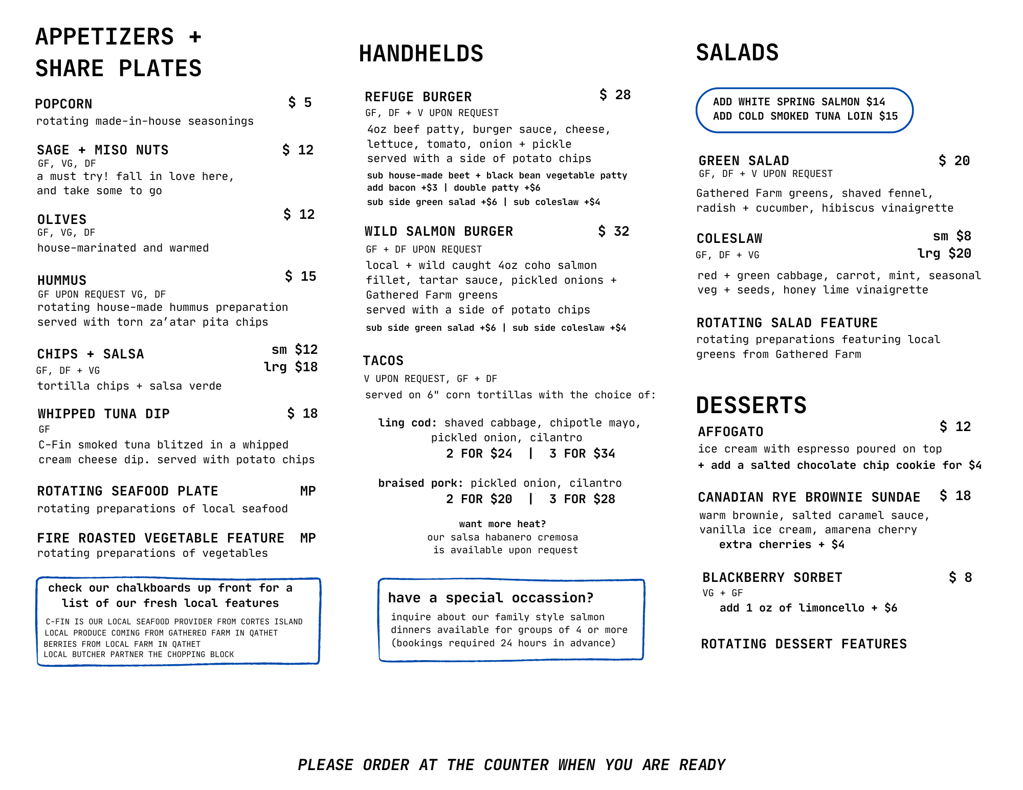 A restaurant menu with sections for appetizers, share plates, handhelds, salads, and desserts, detailing various dishes and prices.