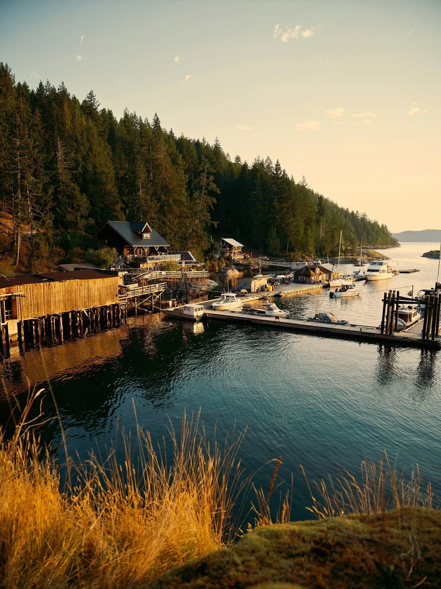 A serene lakeside scene with boats docked at a marina, surrounded by a forested hillside and a clear sky during sunset.