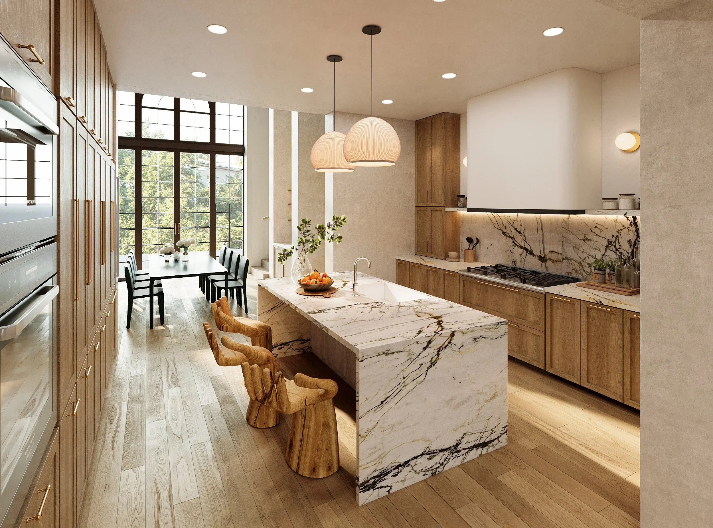 Modern kitchen with wood cabinets, marble island, hanging pendant lights, large window, dining area with table and chairs, and hardwood flooring.