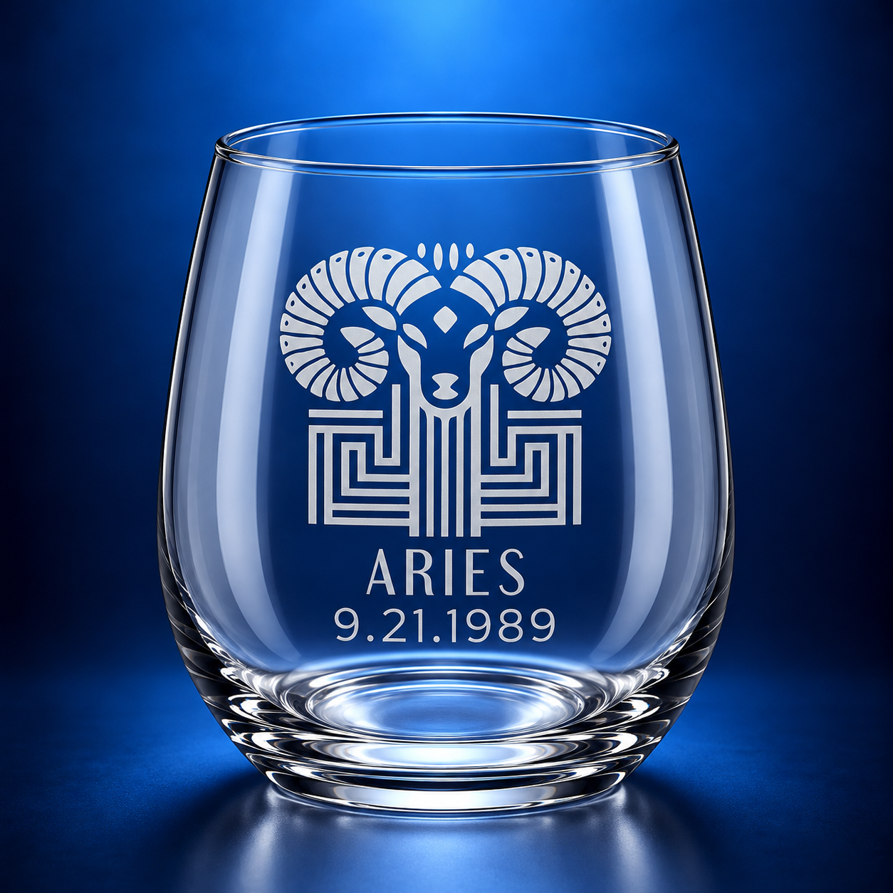 Art Deco Aries Zodiac Stemless Wine Glass with Optional Date
