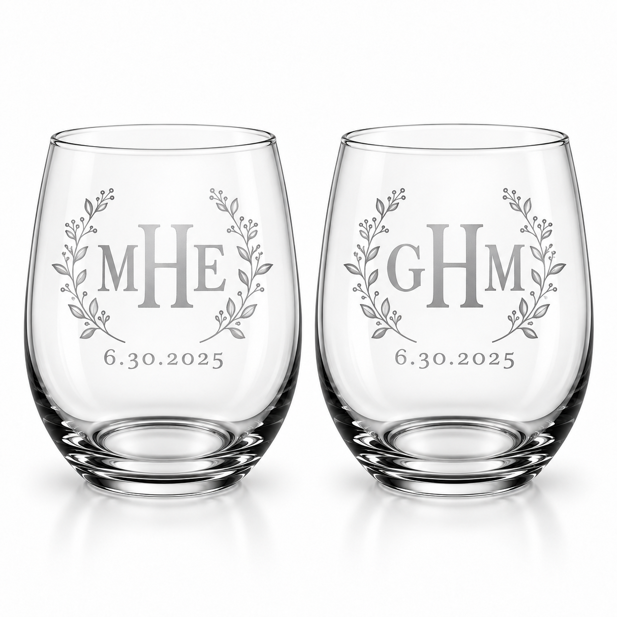Botanical Wreath Monogram stemless wine glasses with optional date