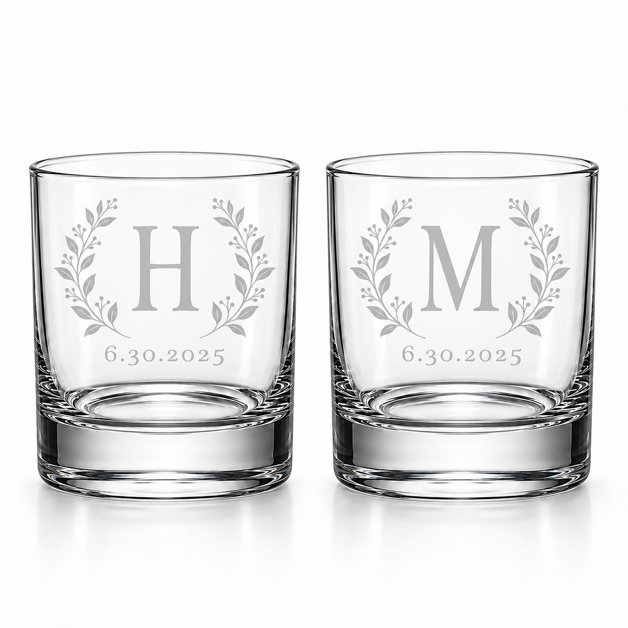 Botanical initial whiskey glasses with optional date