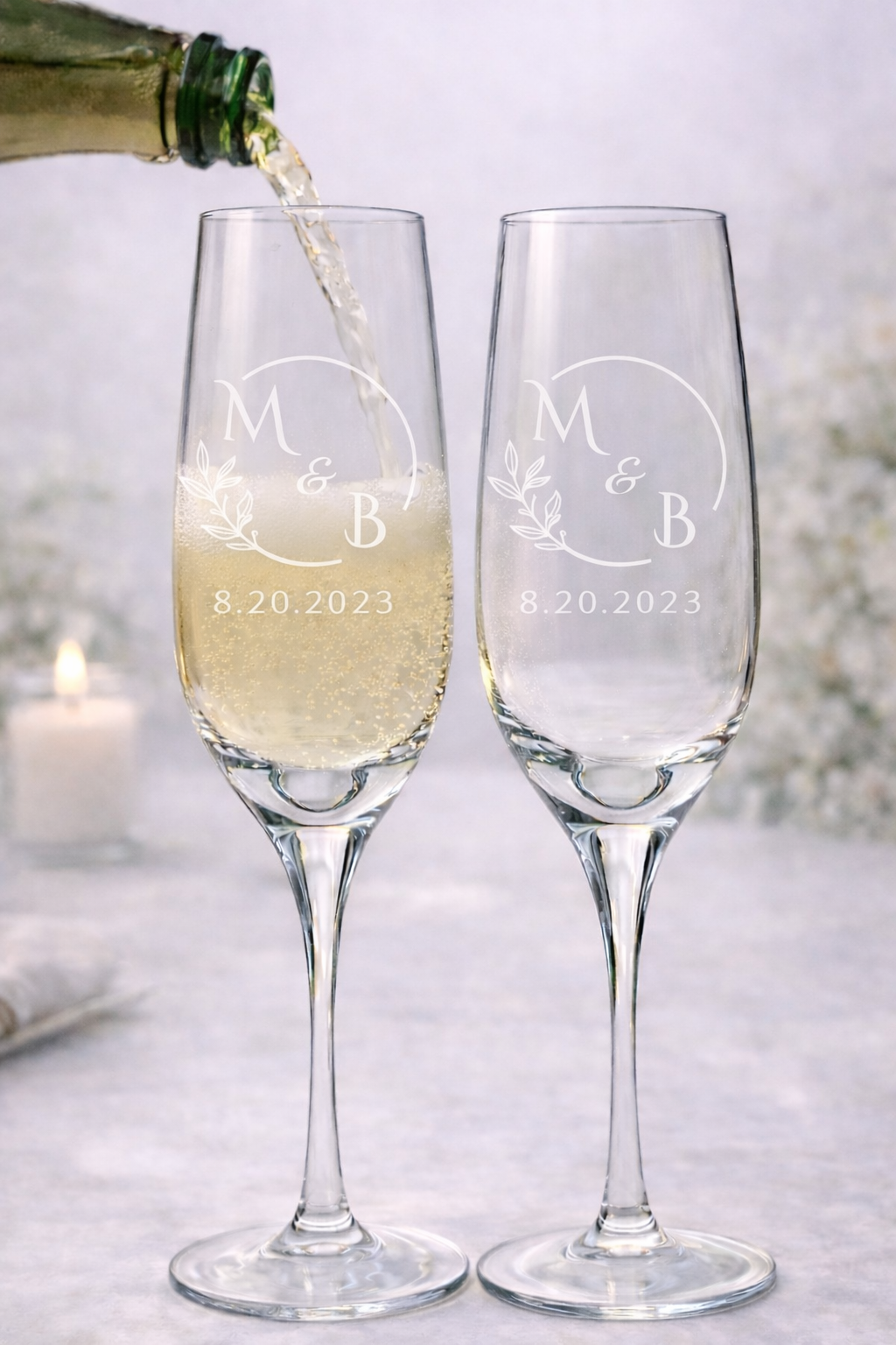 Personalized Wreath Champagne Flute Set with Initials & Date